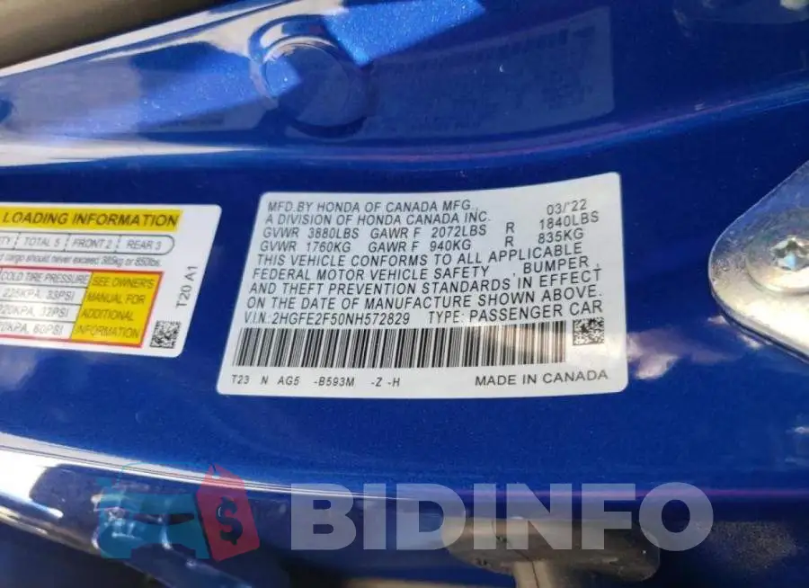 2HGFE2F50NH572829 Photo# 10