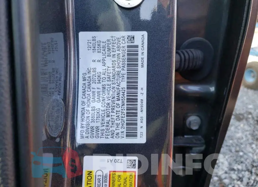 2HGFE2F57NH554425 Photo# 10