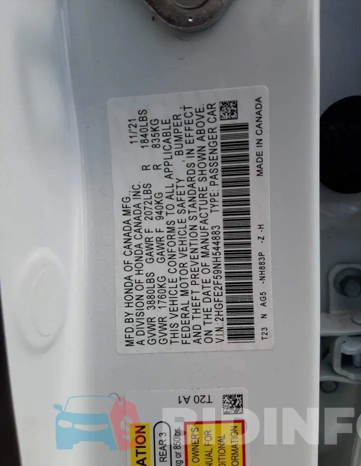 2HGFE2F59NH544883 Photo# 10