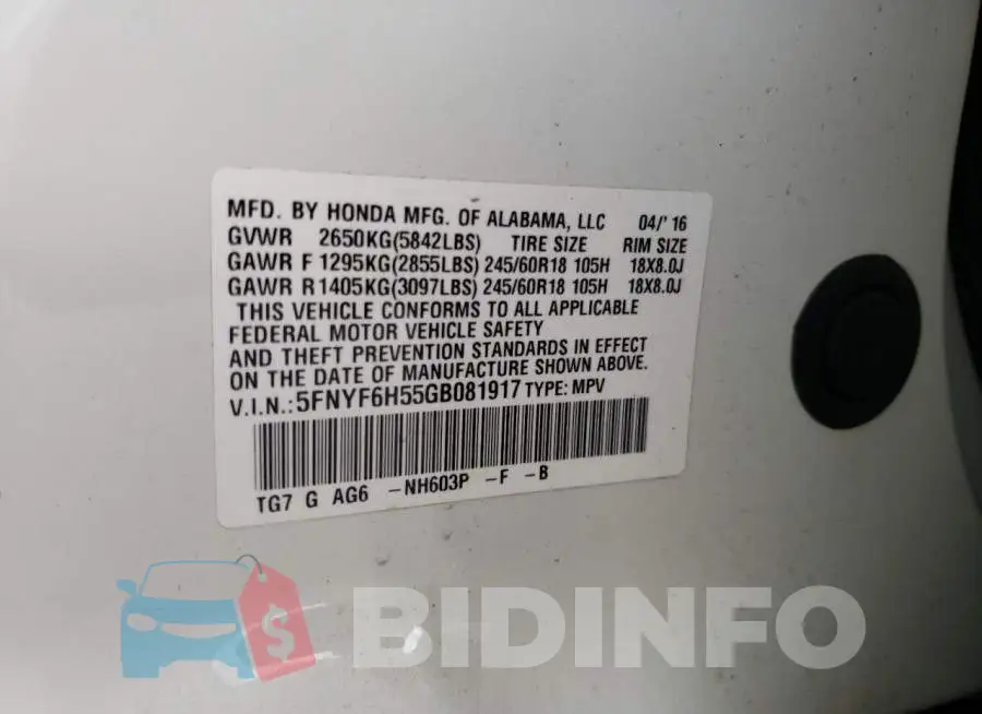5FNYF6H55GB081917 Photo# 10