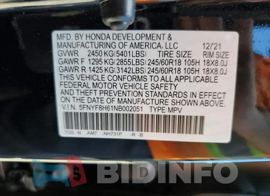 5FNYF8H61NB002051 Photo# 10