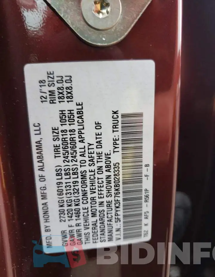 5FPYK3F76KB028335 Photo# 10
