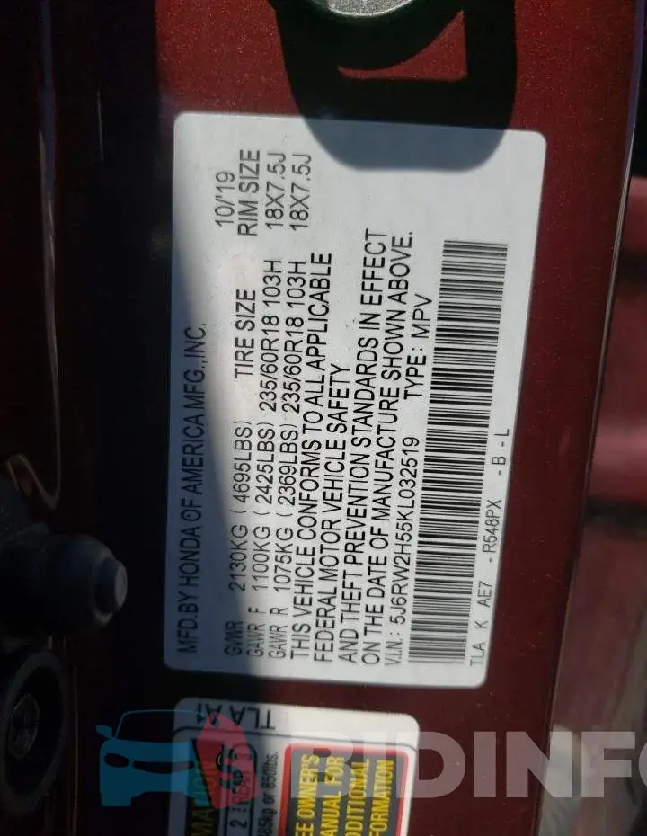 5J6RW2H55KL032519 Photo# 10