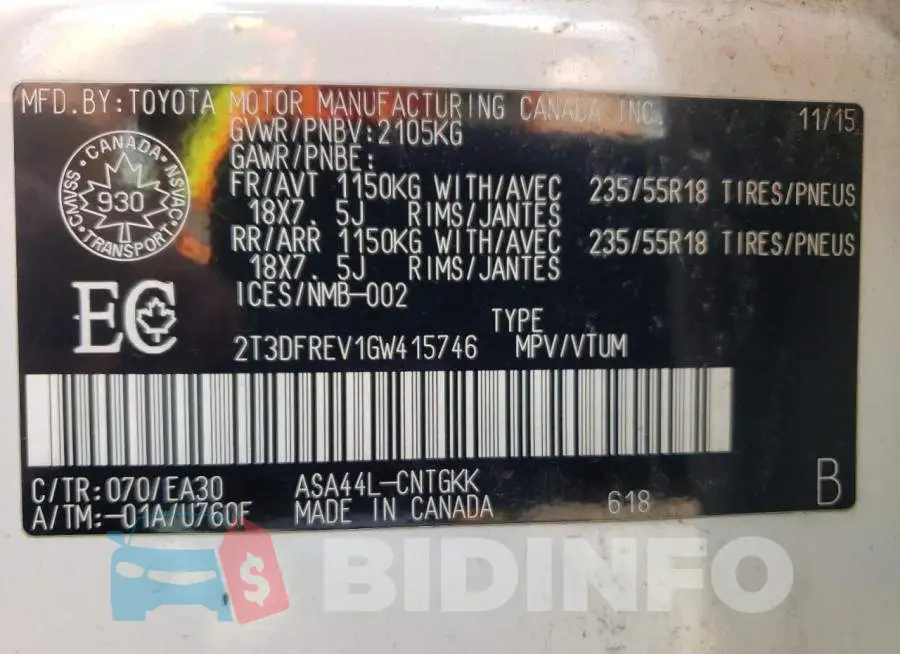 2T3DFREV1GW415746 Photo# 10