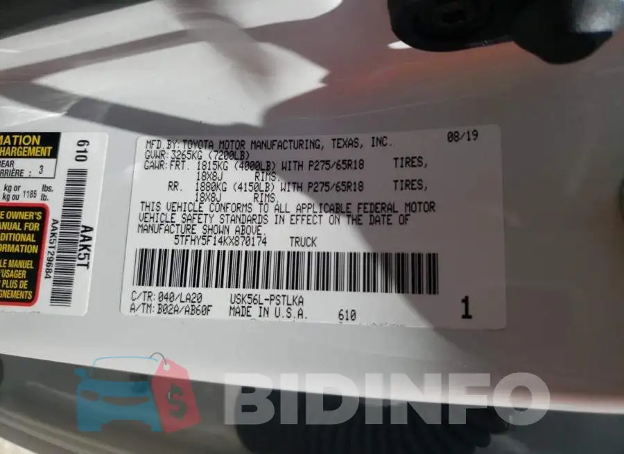 5TFHY5F14KX870174 Photo# 10