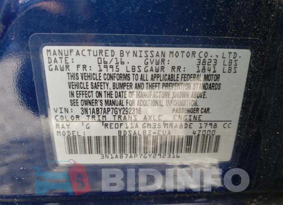 3N1AB7AP7GY292316 Photo# 10