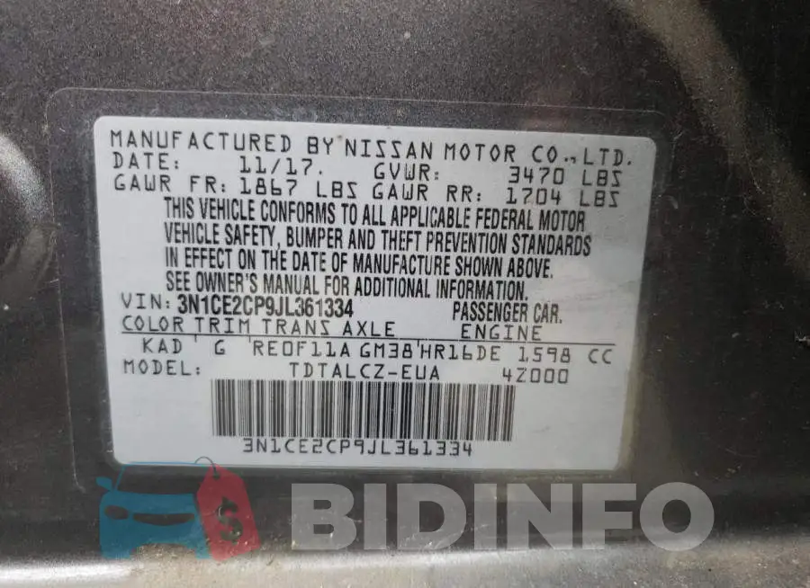 3N1CE2CP9JL361334 Photo# 10