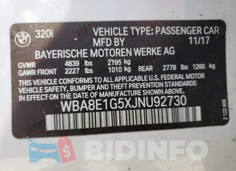 WBA8E1G5XJNU92730 Photo# 10