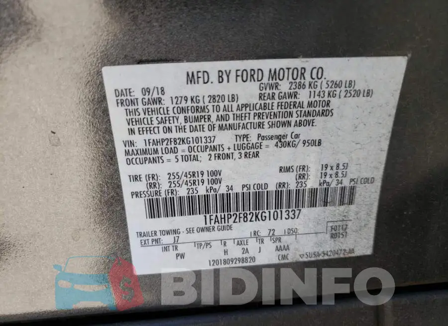 1FAHP2F82KG101337 Photo# 10
