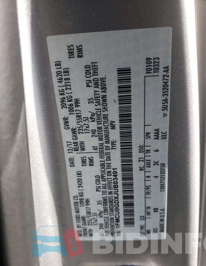1FMCU0GDXJUB03491 Photo# 10