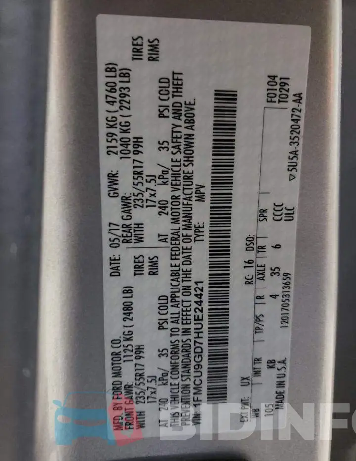 1FMCU9GD7HUE24421 Photo# 10
