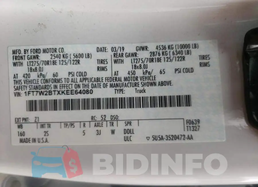 1FT7W2BTXKEE64080 Photo# 10