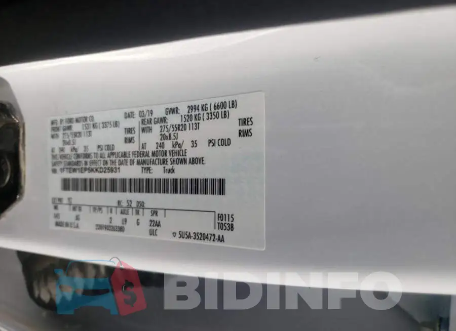 1FTEW1EP5KKD25931 Photo# 10