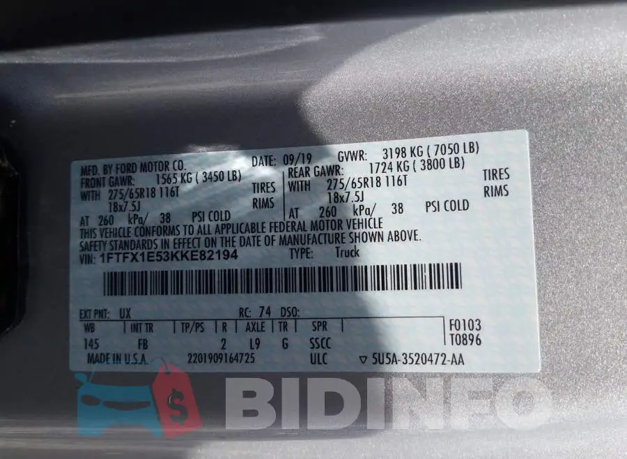 1FTFX1E53KKE82194 Photo# 10