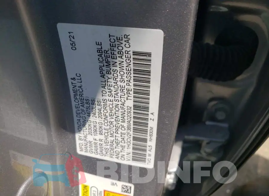 1HGCV2F38MA020932 Photo# 10