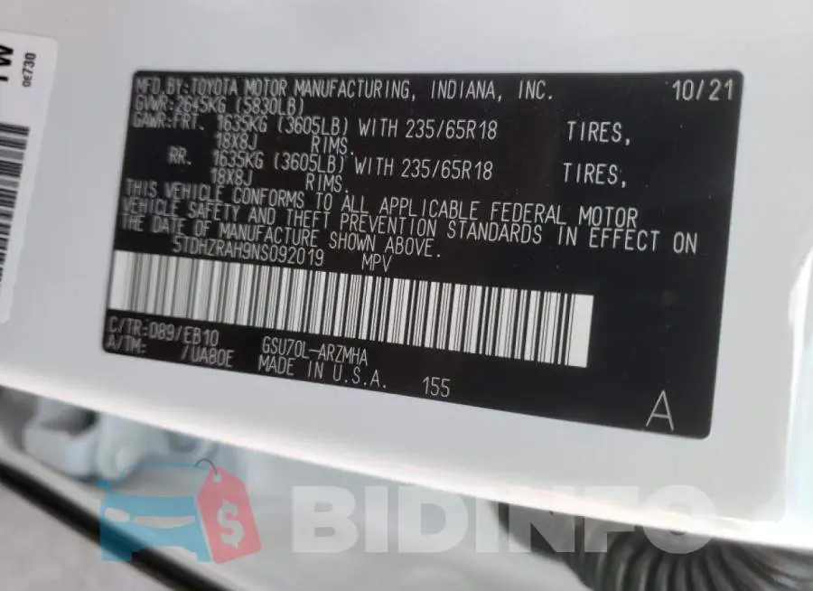 5TDHZRAH9NS092019 Photo# 10