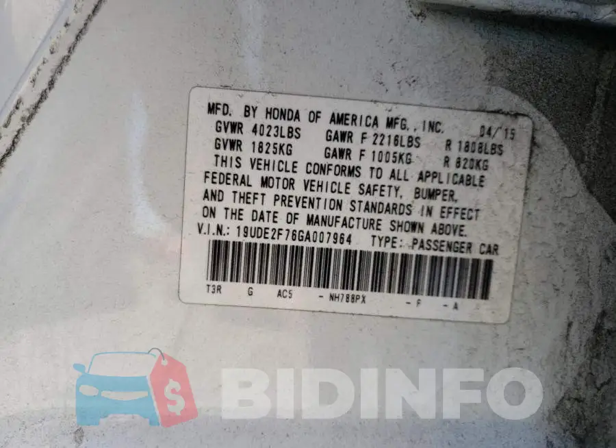 19UDE2F76GA007964 Photo# 10