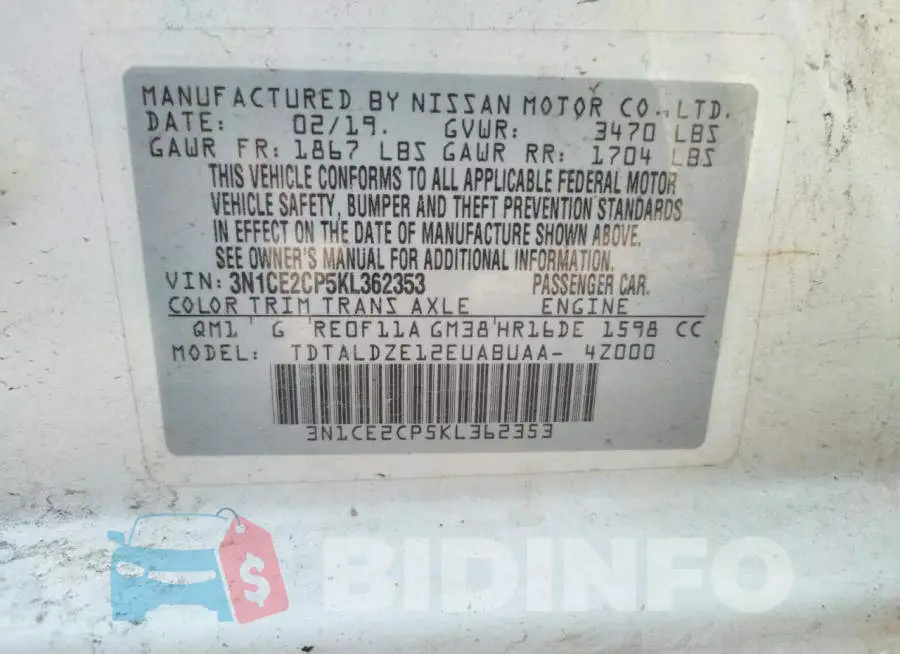 3N1CE2CP5KL362353 Photo# 10