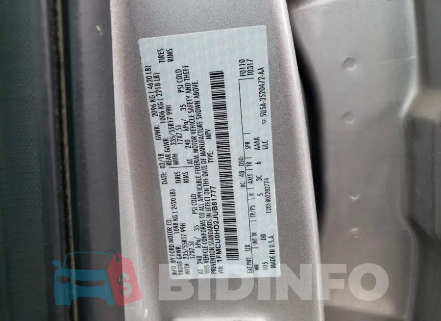 1FMCU0HD2JUB81777 Photo# 10