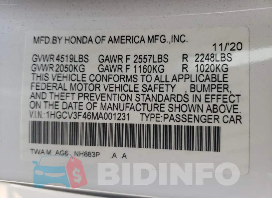1HGCV3F46MA001231 Photo# 10