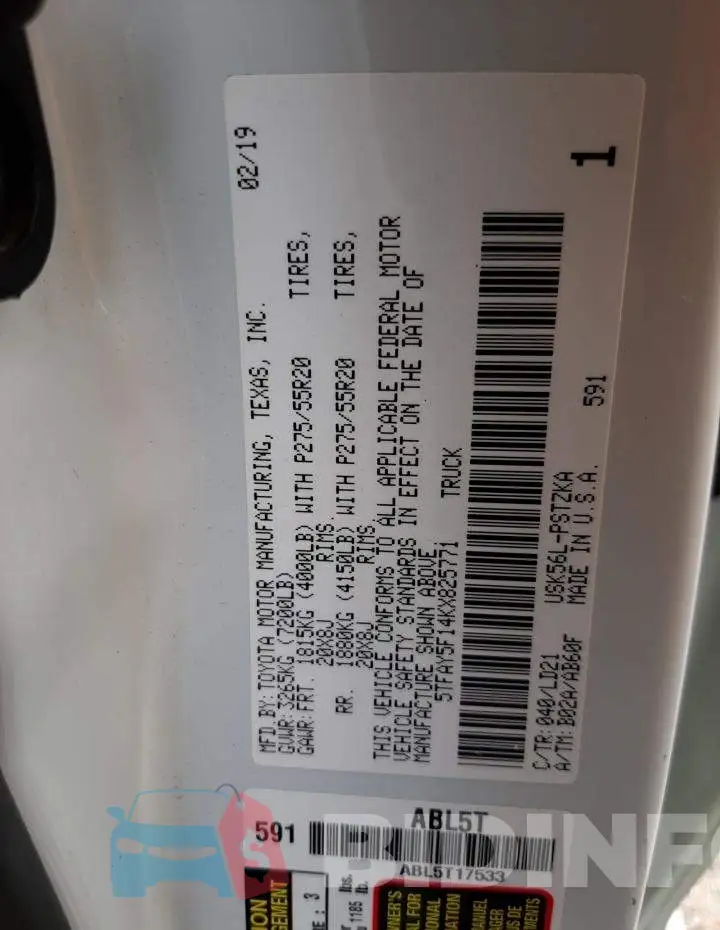 5TFAY5F14KX825771 Photo# 10