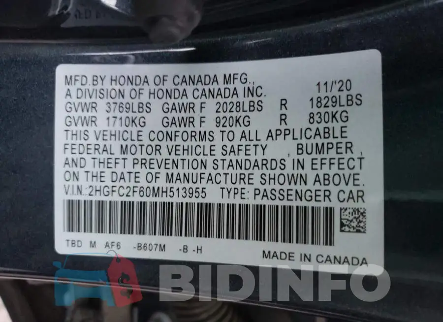 2HGFC2F60MH513955 Photo# 10
