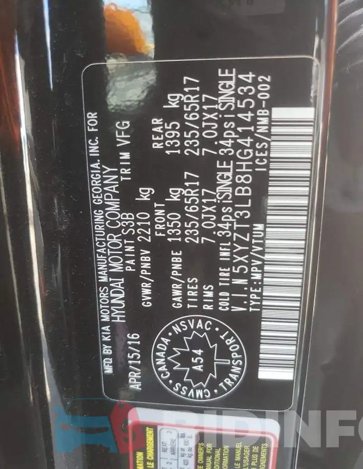 5XYZT3LB8HG414534 Photo# 10