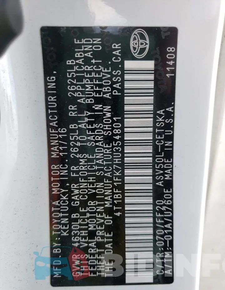 4T1BF1FK7HU354801 Photo# 10