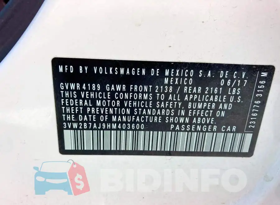 3VW2B7AJ9HM403600 Photo# 10