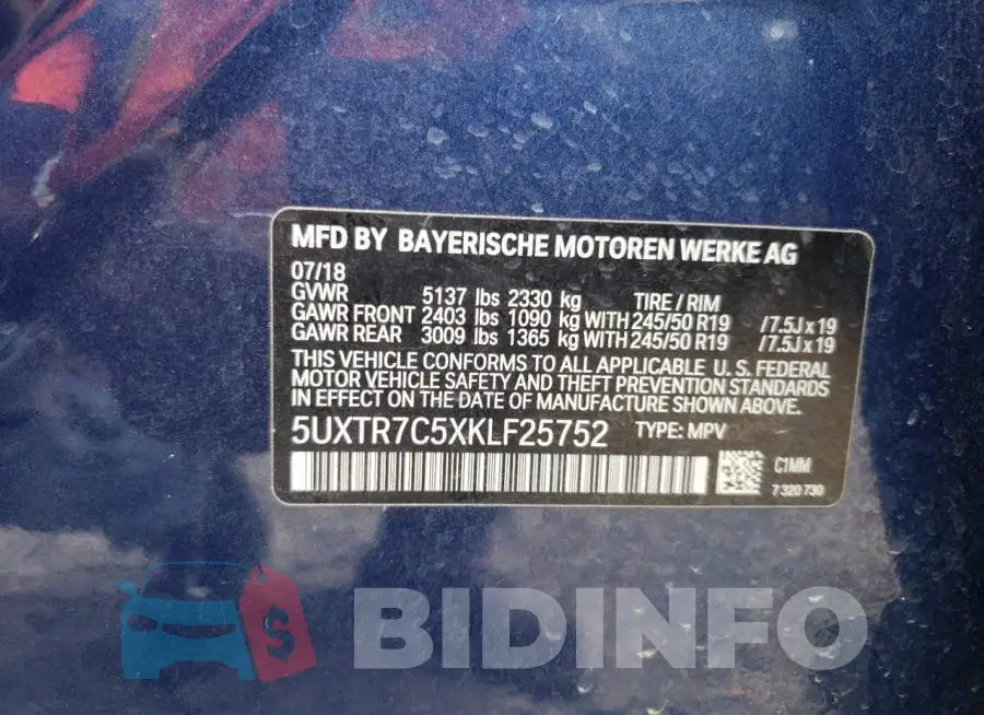 5UXTR7C5XKLF25752 Photo# 10