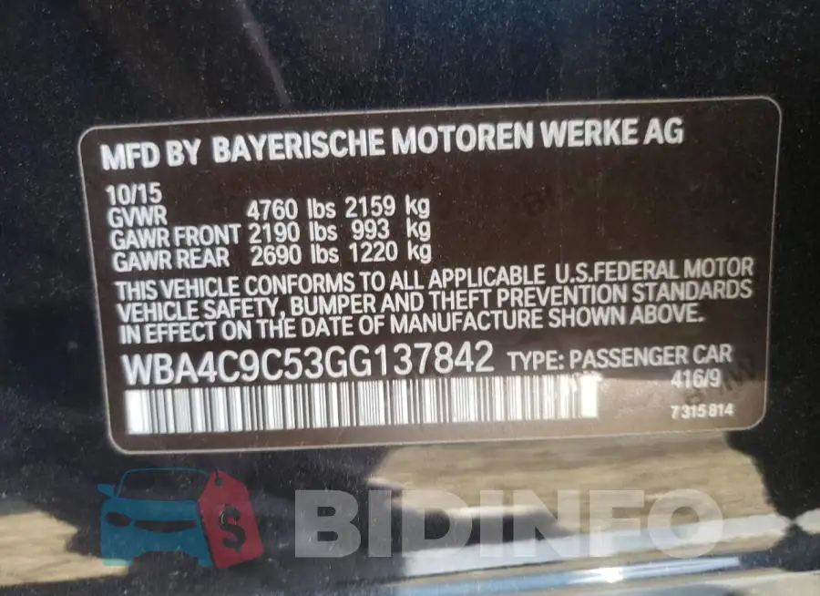 WBA4C9C53GG137842 Photo# 10