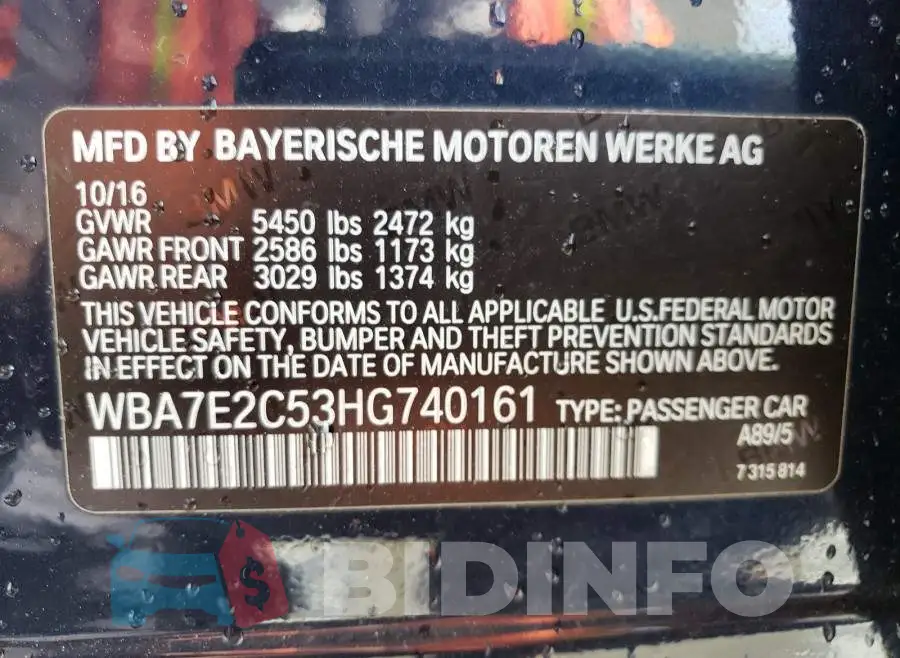 WBA7E2C53HG740161 Photo# 10