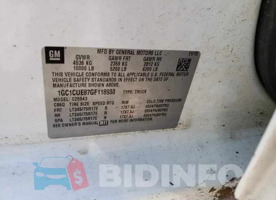1GC1CUE87GF118930 Photo# 10