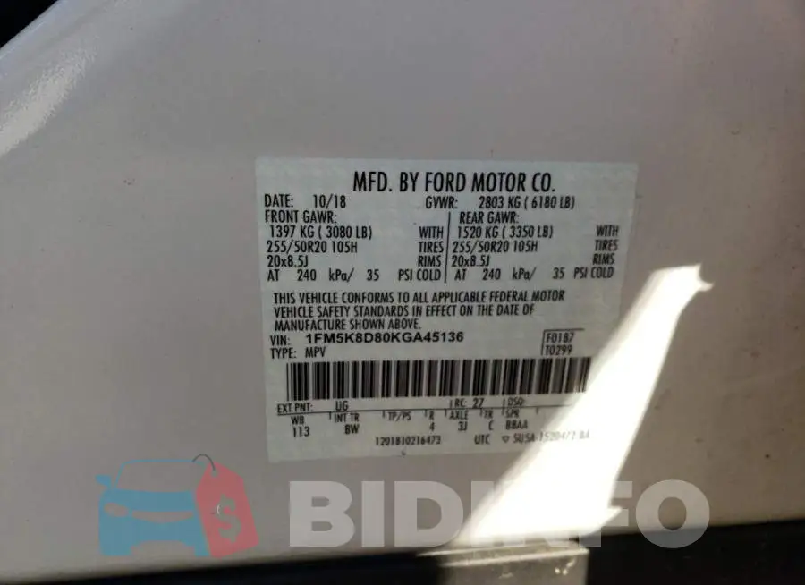 1FM5K8D80KGA45136 Photo# 10