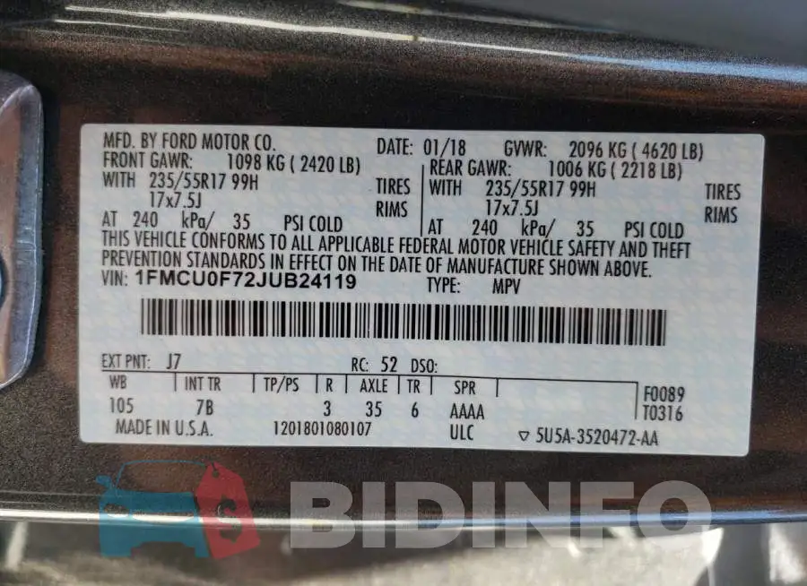 1FMCU0F72JUB24119 Photo# 10