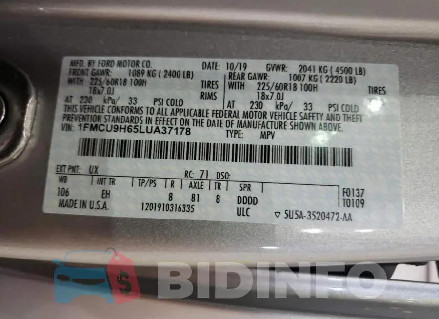 1FMCU9H65LUA37178 Photo# 10