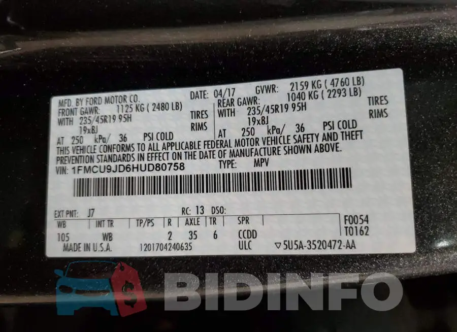 1FMCU9JD6HUD80758 Photo# 10