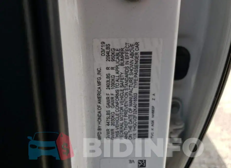 1HGCV2F32KA016503 Photo# 10