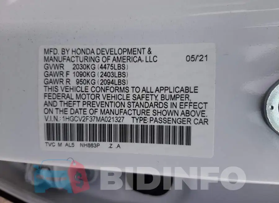 1HGCV2F37MA021327 Photo# 10