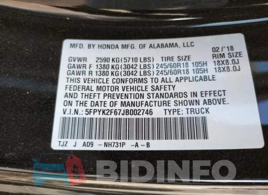 5FPYK2F67JB002746 Photo# 10