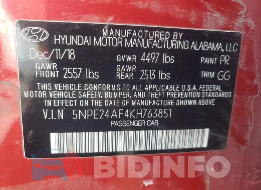 5NPE24AF4KH763851 Photo# 10
