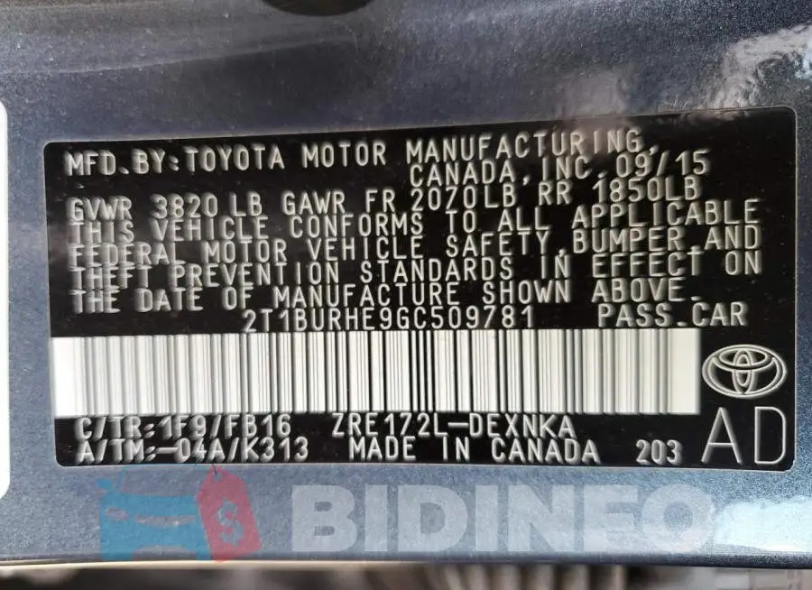 2T1BURHE9GC509781 Photo# 10