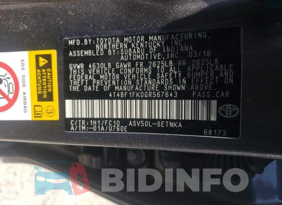 4T4BF1FK0GR567643 Photo# 10