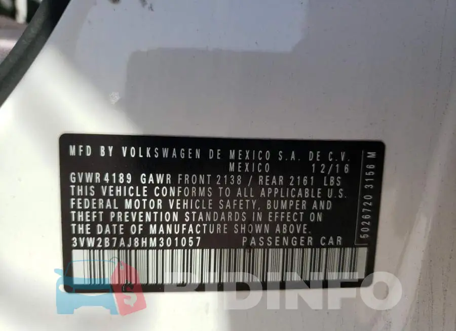 3VW2B7AJ8HM301057 Photo# 10