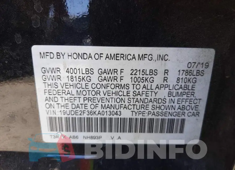 19UDE2F36KA013043 Photo# 10