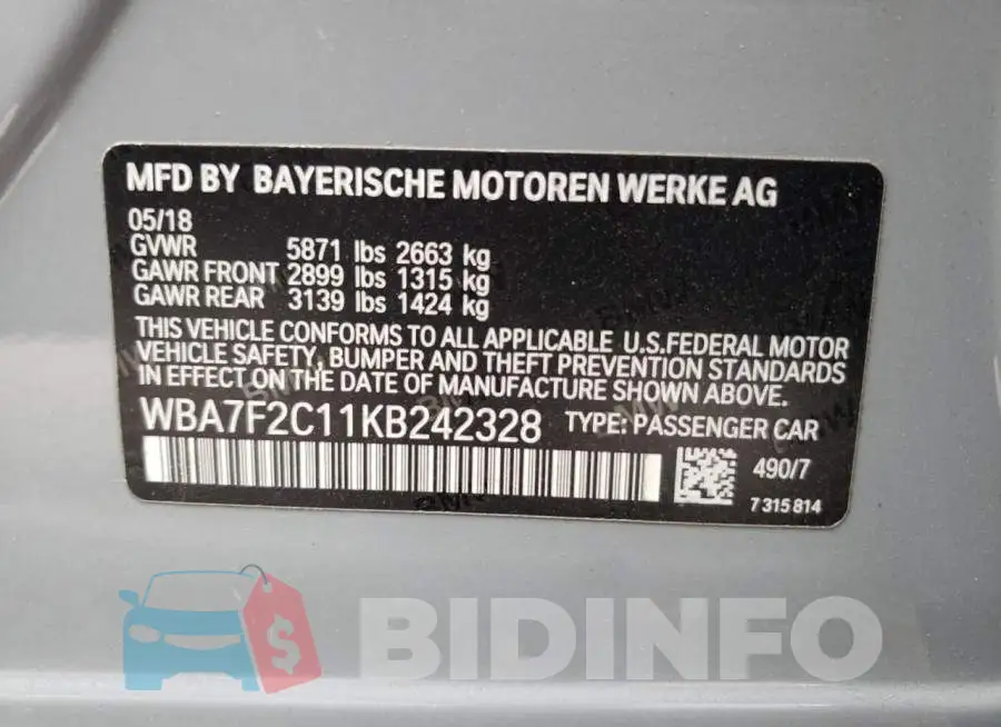 WBA7F2C11KB242328 Photo# 10