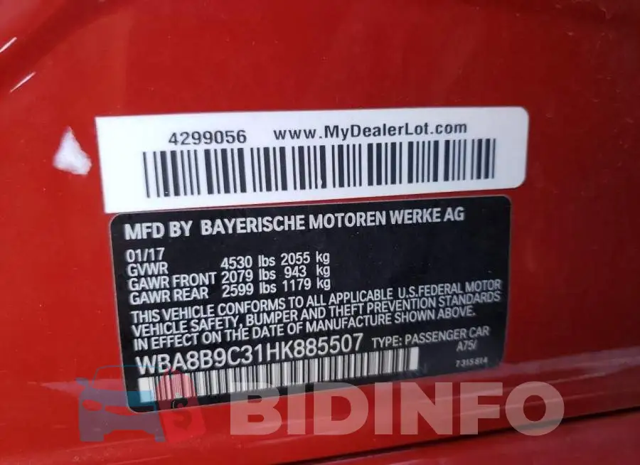 WBA8B9C31HK885507 Photo# 10