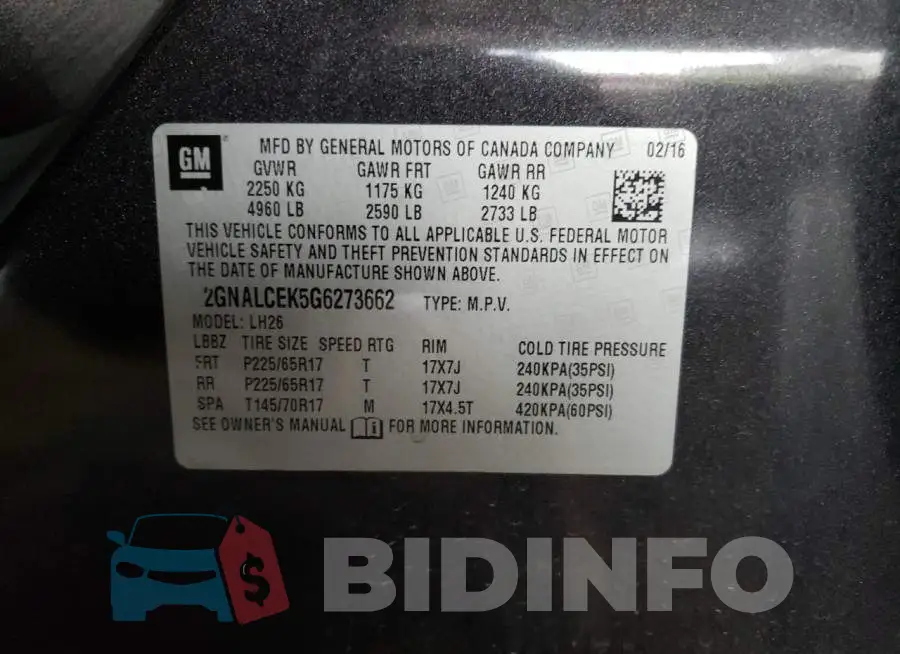 2GNALCEK5G6273662 Photo# 10