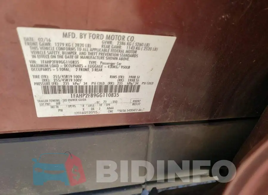 1FAHP2F89GG110835 Photo# 10