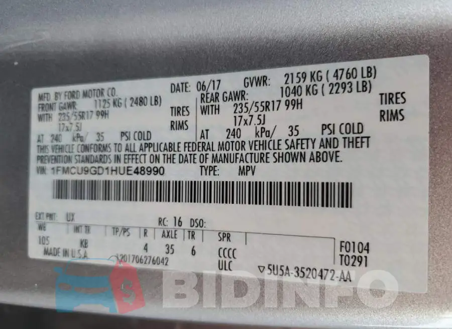 1FMCU9GD1HUE48990 Photo# 10